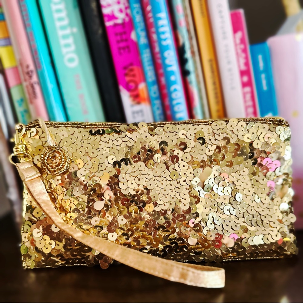 Vintage Gold Sequin Zipper Pouch 4” x 8”